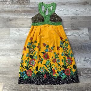 Vintage 1970s Patchwork Floral Halter Dress Yellow Calico Prairie Maxi XS/S